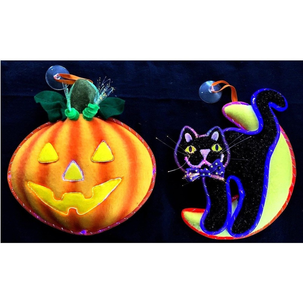 2 Vintage Collectible Halloween 2004 LED Jack-O-Lantern & Black Cat Light Decor